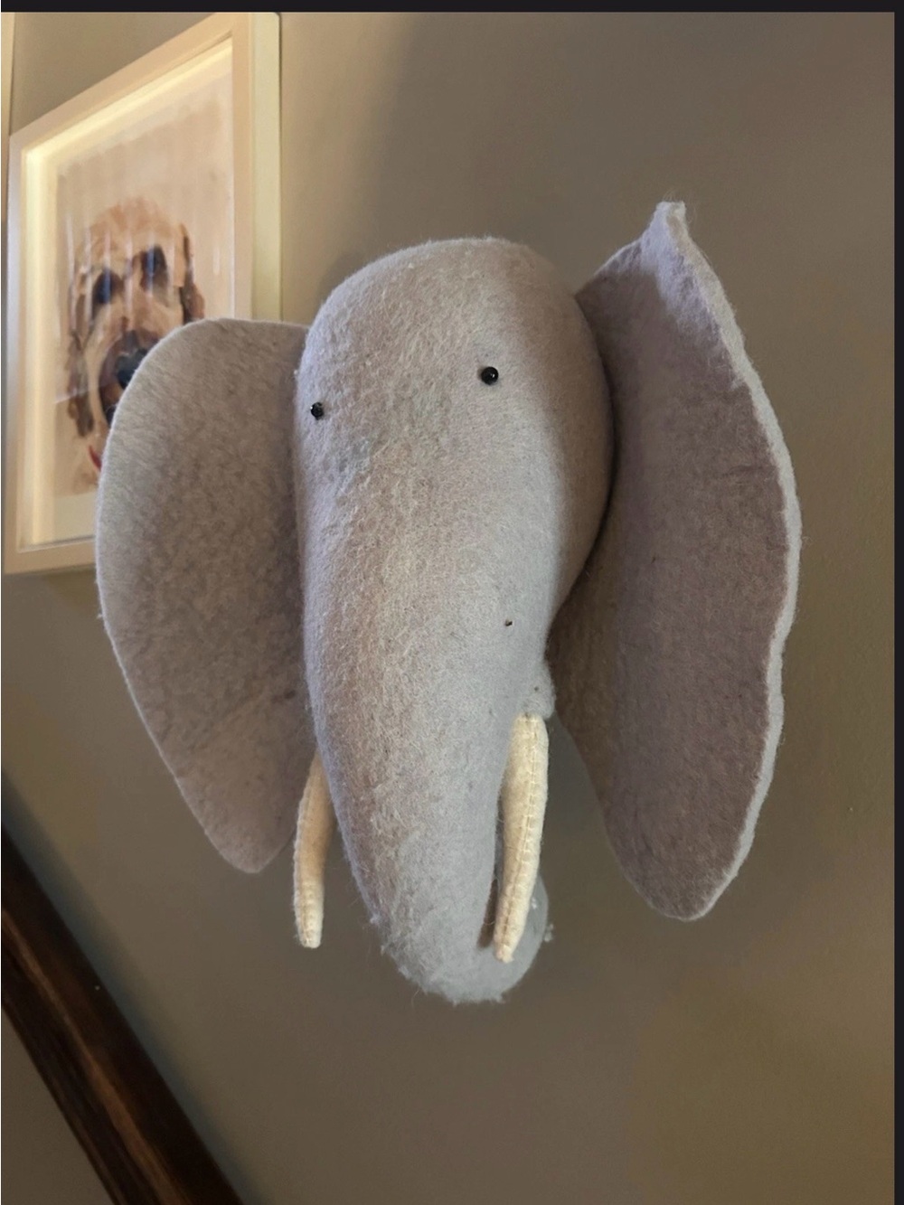 Pottery Barn Soft Gray Plush Elephant Wall Mount with Cream Tusks
